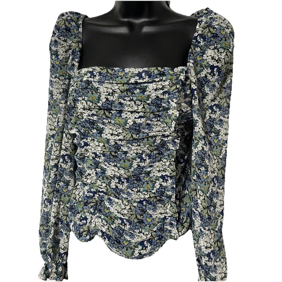 ASTR The Label Tonina Top Puff Sleeve Ruched Bodice in Blue Green Floral Size S - Picture 2 of 7